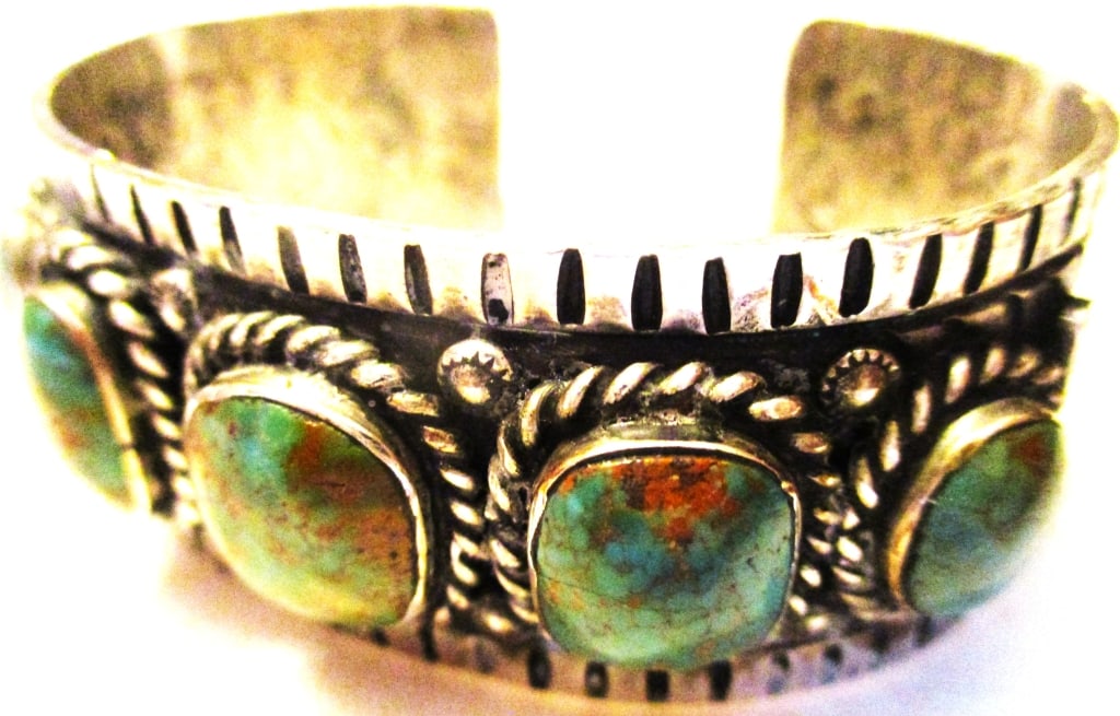 Southwest Navajo Sterling Bracelet Set w/Turquoise: Lot Consists of a Southwest Navajo Artisan Sterling Bracelet. It is Set With 5 Turquoise (Green Variety) Stones. It is Signed BC. One Would Consider This a Cuff Bracelet. The Width of the Band is 1"