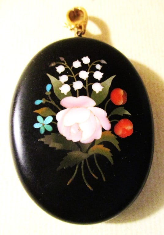 Italian Micro Mosaic Mourning Pendant: Lot Consists of an Italian Micro Mosaic Mourning Pendant. In the Back There is a Compartment That Will Hold a Lock of Loved One or Relatives Hair. Approximate is 2 1/4" Inches Long and 1 3/4" Inches W