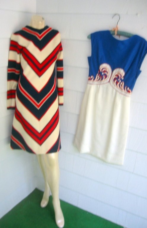 Two 1960's Dresses: One is sleeveless and one is with sleeves. Both with red, white and blue designs. One polyester and the other is linen.