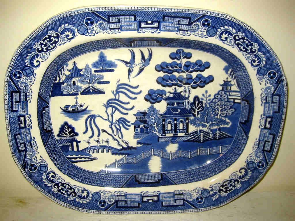 Large Old Willow Ware Platter: Large old Willow Ware platter, has a well for juice, not signed but in very good condition.