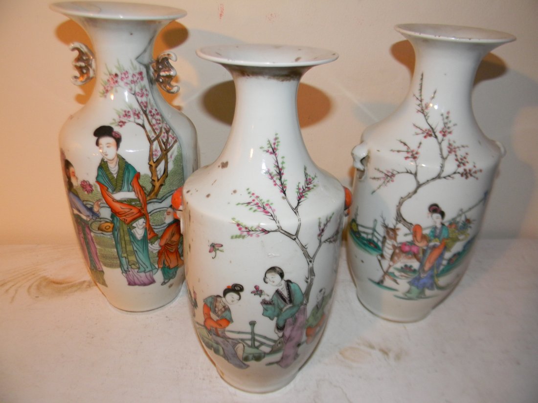 Three Old Chinese Porcelain Vases: Three old Chinese porcelain vases with Chinese writing on back side. All in good condition.