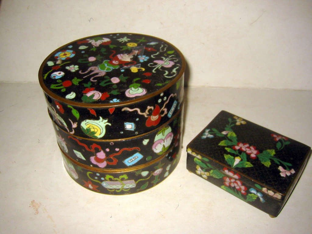 Two Chinese Cloisonne Boxes: One round Cloisonne 3 section lunch box and one small covered box, both in good condition.