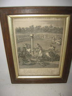 18th Century Engraving of Telemachus: 18th century Engraving of Telemachus in the chariot race by English artist Barlow, frame with quality, label on back and in good condition. Measures approx. 9" x 7"