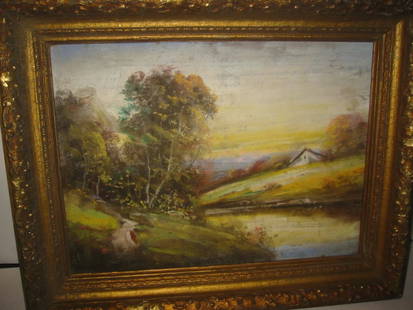 Pastel Drawing in Victorian Frame: Pastel drawing of landscape in a Victorian frame. End to end of frame measures approx. 16" x 20" No glass covering the drawing - signed EF? fair to good condition.