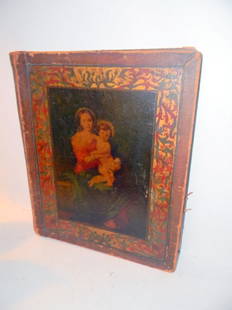 Unusual Leather Bound Scrap Book: Leather bound, C.a. 1900 scrap book. 15" x 12" illumination. The cover supports an applied print with handwork. In good condition.