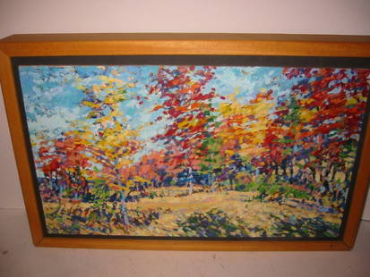 Contemporary Impressionist Painting: Contemporary Impressionist landscape oil on board in very good condition by Robert W. Starkey of P.A. 12 3/4" x 20" end to end of frame.