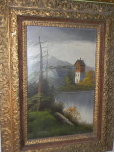 Framed Primitive Painting: Framed primitive painting of landscape in good condition. Set in Victorian frame. Frame is in good condition also with only a few minor chips. Approx. 31" x 32 1/2" wide from end to end.