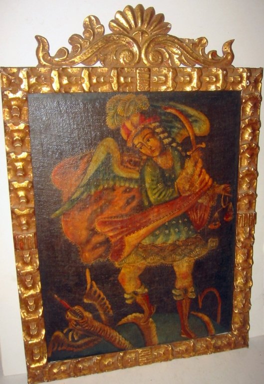 18th Century Spanish Colonial Painting: 18th century Spanish colonial painting on canvas laid down on board. Depicts St. Michael slaying the dragon. In very good condition. Frame is not antique, sigh size is 15 1/2" x 20"