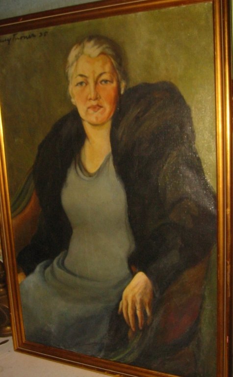 Oil Portrait on Canvas by Lucy Turner: Oil portrait on canvas by American artist Lucy Turner. Possibly a self portrait. In good condition, has two minor patch repairs on back near bottom. Date 1935.