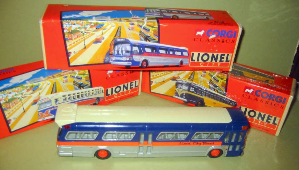 Three Collectible Lionel City Classic Toy Buses: Three collectible Lionel City toy classic buses by Corgi. All in their original boxes, never used or played with, in excellent condition.