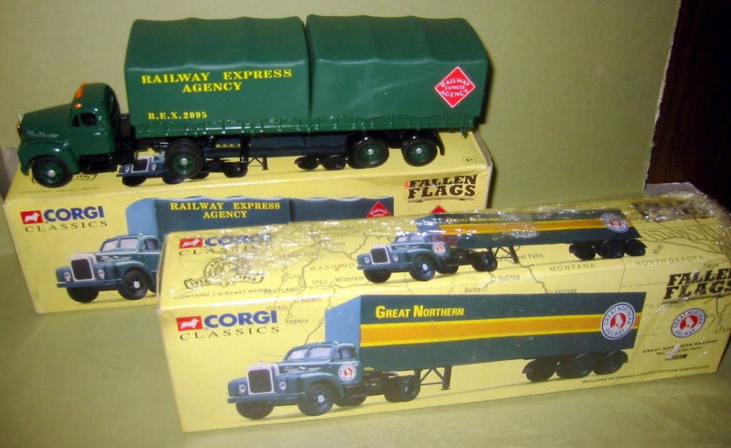 Two Corgi Classic Toy Trucks: Two Corgi classic toy trucks fallen flags, Mack B service semis - limited edition, in original boxes, not used.