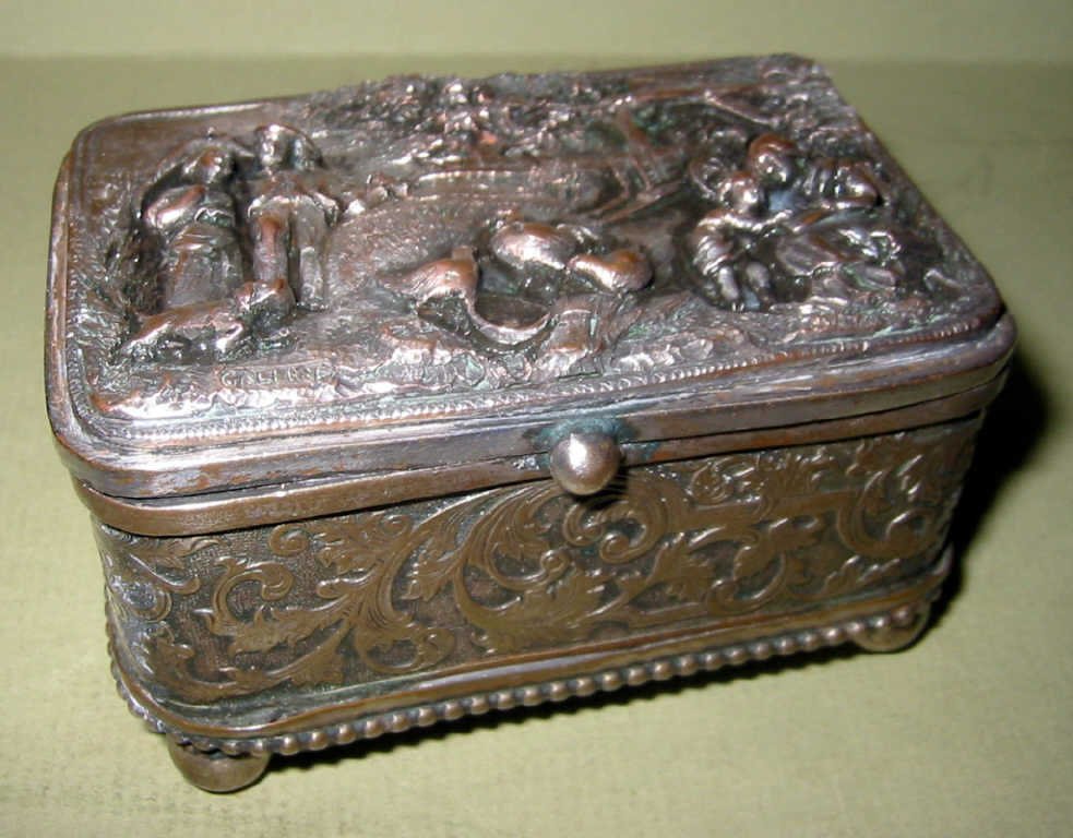Dutch Silver or Copper Ring Box: Dutch silver or copper ring box in fair condition, 19th century 2" x 3" x 1 1/2" tall.