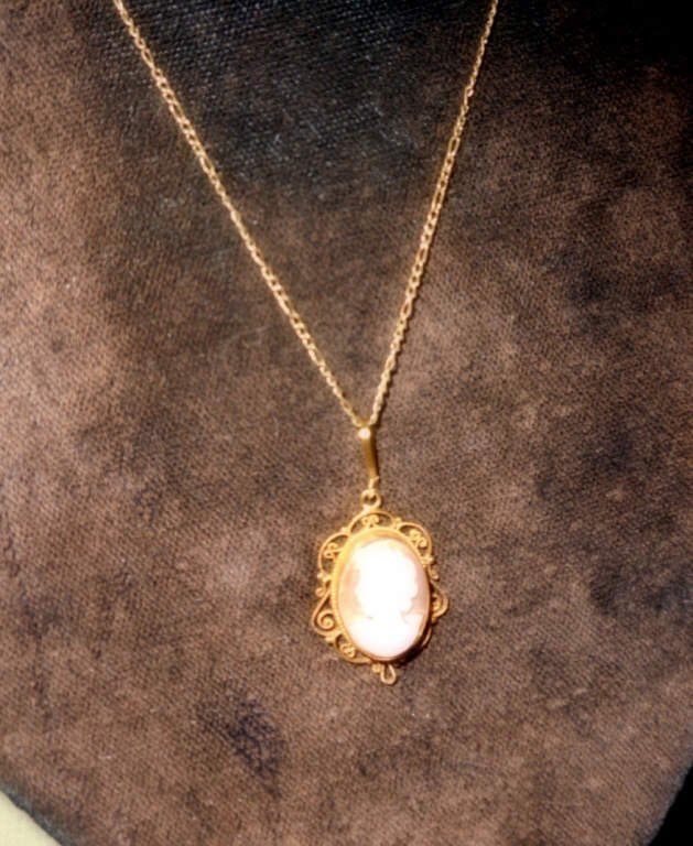 18k Gold and Cameo Pendant: Shell cameo pendant set in 18k gold setting on a gold filled chain in good condition.