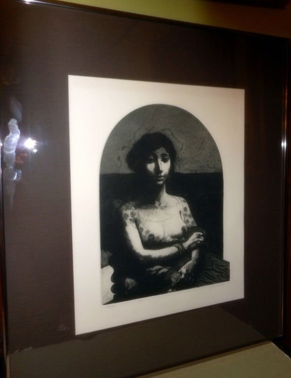 Large Etching by David Bumbeck: Original etching by Vermont artist David Bumbeck titled "Maya" #31/65. Measures 28" tall x 24" wide. David Bumbeck is one of the foremost American print makers.