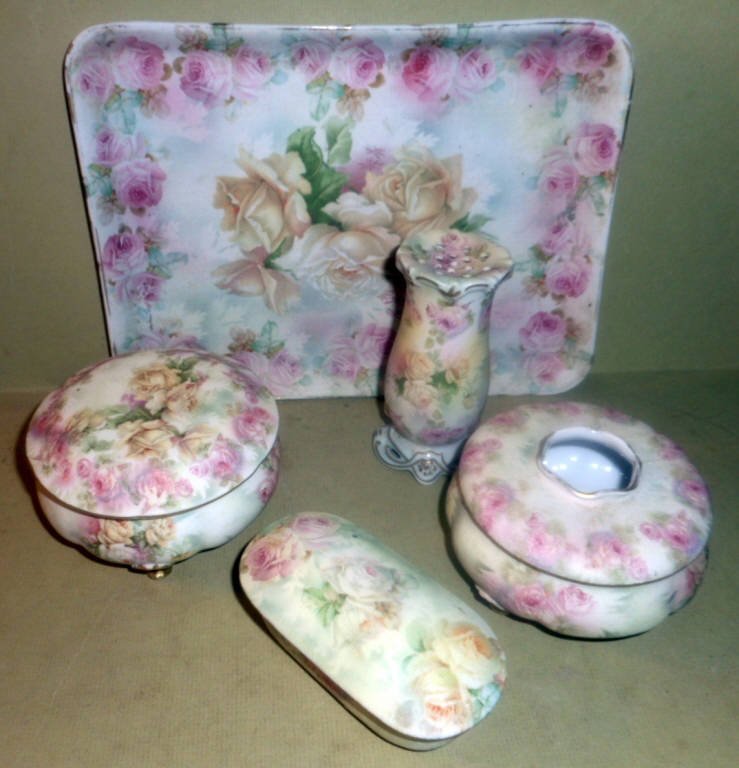 Five Piece Rose Tapestry Royal Beyruth Set: Five piece rose tapestry Royal Beyruth dresser set that includes hair receiver, hat pin holder tray, powder box and ring box. All pieces are in very good condition.