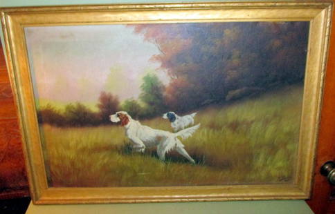 Oil on Canvas of English Setter Dogs: Oil on canvas of English setter dogs signed by T. Bailey. Measures 23" tall x 33" long approximately end to end of frame. Painting in very good condition.