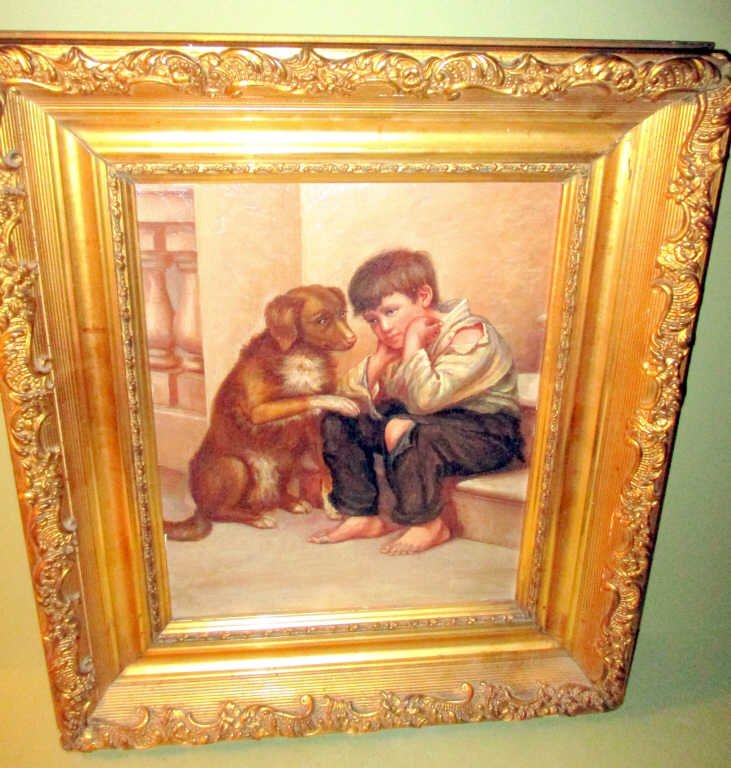 Victorian Framed Painting of Boy and Dog (1 of 1)