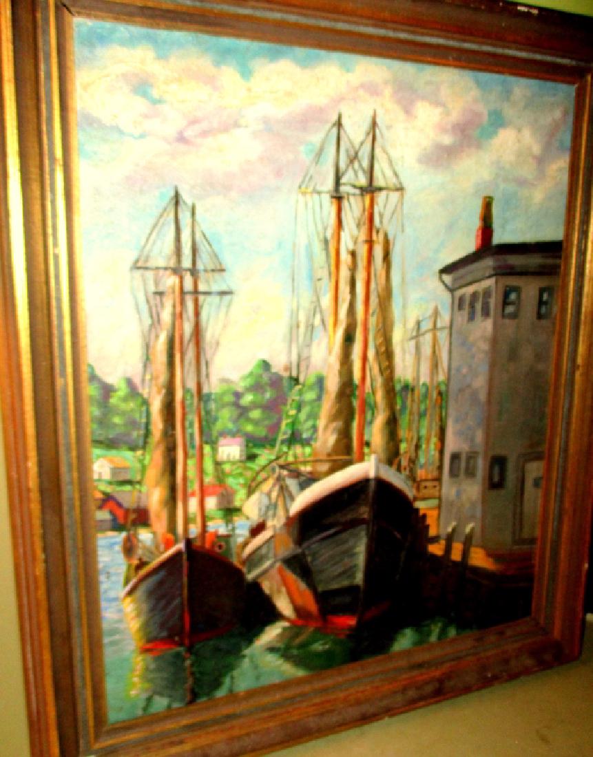 Oil on Canvas of Boat Dock: Oil on canvas of docked boats signed Frank George in good condition. Measures 29" x 25" end to end of frame.