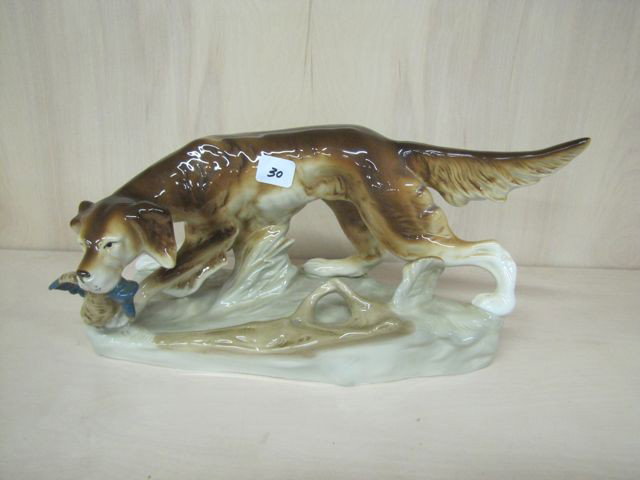 Royal Dux 14" hunting dog with bird figure: Royal Dux 14" hunting dog with bird figure
