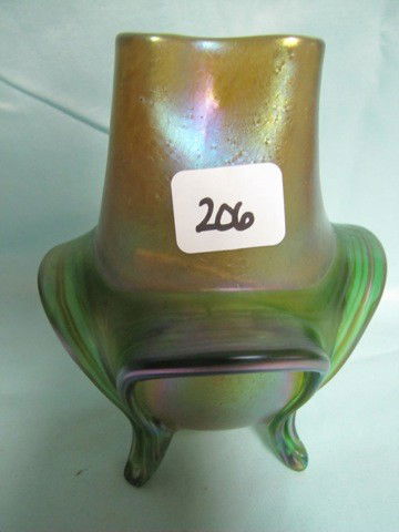 Loetz 4 ft'd 5.5" vase. Nice item. DOes havea Smal: Loetz 4 ft'd 5.5" vase. Nice item. DOes havea Small flake on foot. See photo Small flake on foot. See photo