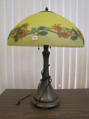 Handel 18" Reverse painted lamp #6956 A.G. Nice F: Handel 18" Reverse painted lamp #6956 A.G. Nice Floral band on ice frosted shade. Nice Floral band on ice frosted shade.