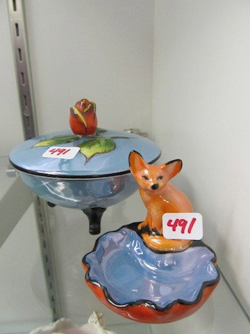 Noritake Fox salt dip and Rose finial covered box: Noritake Fox salt dip and Rose finial covered box