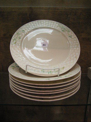Belleek 8 10" Shamrockware Dinner Plates, MK 6th G: Belleek 8 10" Shamrockware Dinner Plates, MK 6th Green