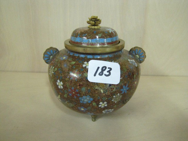 Oriental 4" burner pot , enameling on copper: Oriental 4" burner pot , enameling on copper
