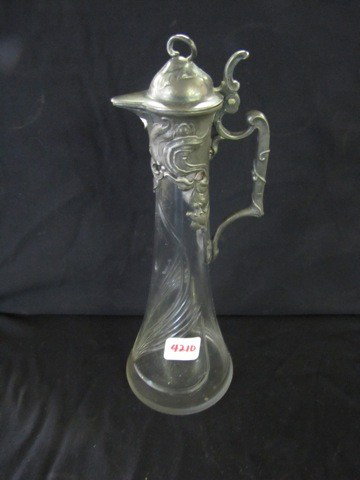 10" etched & pewer top Claret jug: 10" etched & pewer top Claret jug