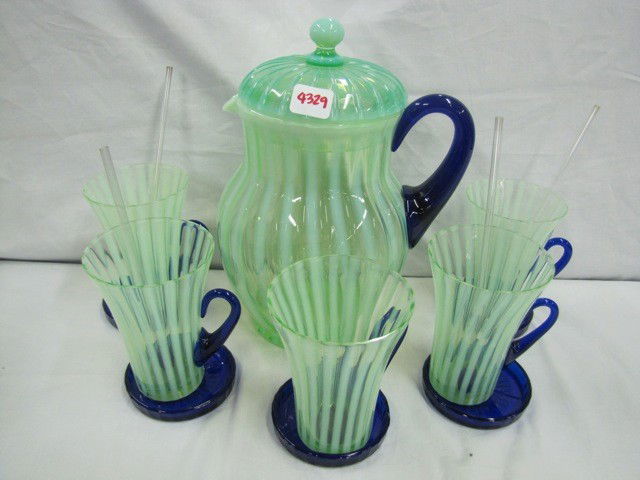 RARE Fenton VAseline opal Stripe optic water set: RARE Fenton VAseline opal Stripe optic water set w/ cobalt coasters
