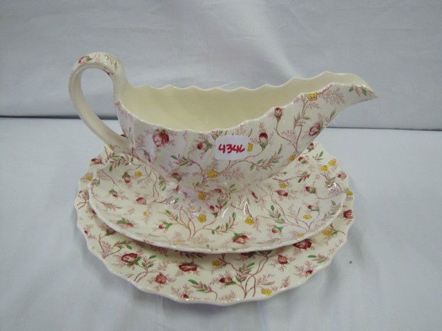 Spode Chintz Rosebud gravy & plate: Spode Chintz Rosebud gravy & plate