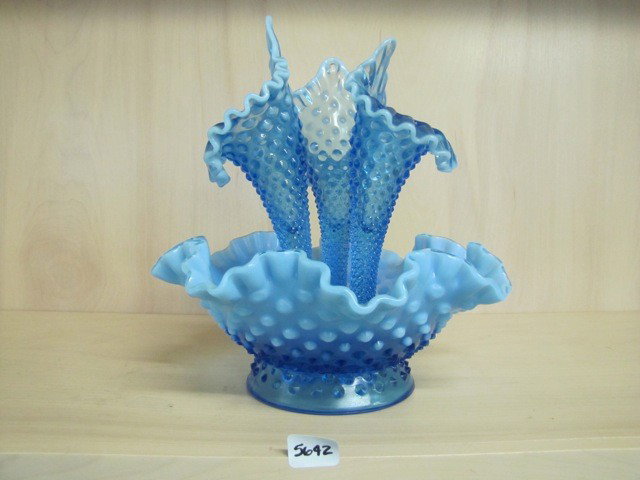 Fenton Blue Opal Hobnail 10" 3-Lily Epergne: Fenton Blue Opal Hobnail 10" 3-Lily Epergne