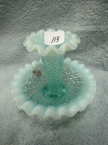 Fenton French opal diamond lace miniature epergne: Fenton French opal diamond lace miniature epergne