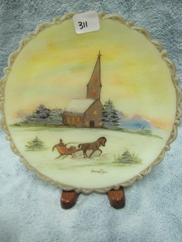 Rare Fenton 8" HP plate-horse & sleigh by chapel-b: Rare Fenton 8" HP plate-horse & sleigh by chapel-by Louise Piper 1981