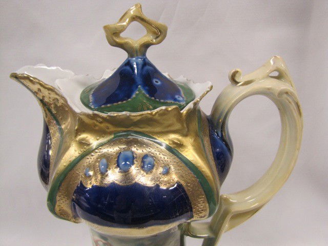 RSP 10" Point & Clover mold cobalt & gold melon bo: RSP 10" Point & Clover mold cobalt & gold melon boy chocolate pot. Super rare. A top piece in the auction.