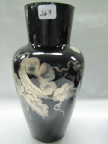 Fenton ebony 11" HP silver floral vase: Fenton ebony 11" HP silver floral vase