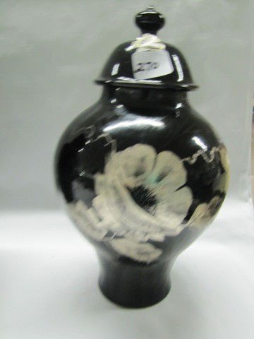 Fenton ebony 10" silver floral HP temple jar: Fenton ebony 10" silver floral HP temple jar