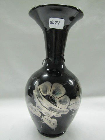 Fenton ebony 9 1/2: HP silver floral vase: Fenton ebony 9 1/2: HP silver floral vase