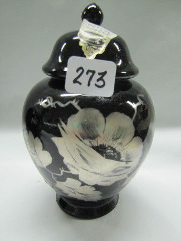 Fenton ebony 6" HP silver floral temple jar: Fenton ebony 6" HP silver floral temple jar