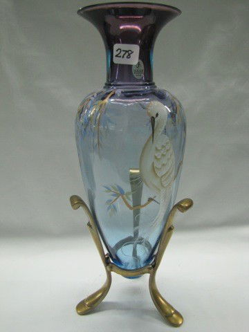 Fenton 12 1/2" mulberry HP vase w/bird: Fenton 12 1/2" mulberry HP vase w/bird