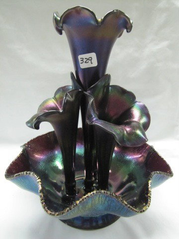 Fenton purple cont. Carnival 12 1/2" 4-lily epergn: Fenton purple cont. Carnival 12 1/2" 4-lily epergne
