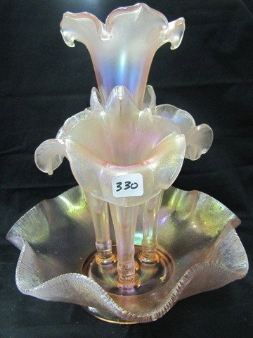 Fenton pink stretch 12 1/2" 4-lily epergne: Fenton pink stretch 12 1/2" 4-lily epergne