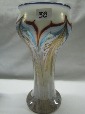 Art glass Orient & Flume Pulled feather 9" vase: Art glass Orient & Flume Pulled feather 9" vase