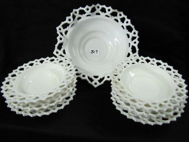Fenton open lace milk glass 7 pc berry set: Fenton open lace milk glass 7 pc berry set