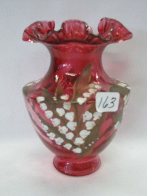 Fenton 7" HP cranberry vase. Louise Piper: Fenton 7" HP cranberry vase. Louise Piper