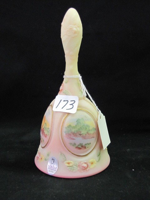 Fenton 6 1/2" burmese medallion HP bell: Fenton 6 1/2" burmese medallion HP bell