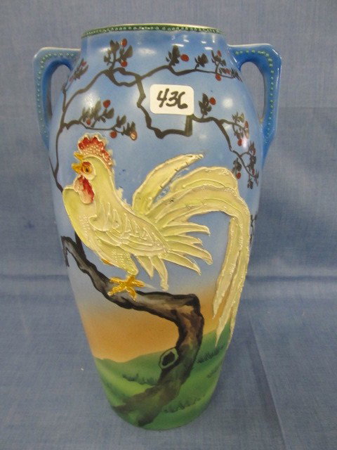 UM Nippon Moriage vase w/ Rooster on Branch 11": UM Nippon Moriage vase w/ Rooster on Branch 11"