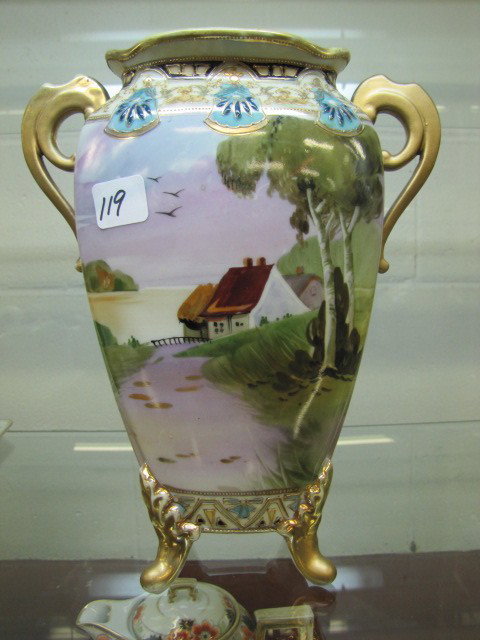 Nippon 11" 2 handled scenic vase GW mark: Nippon 11" 2 handled scenic vase GW mark