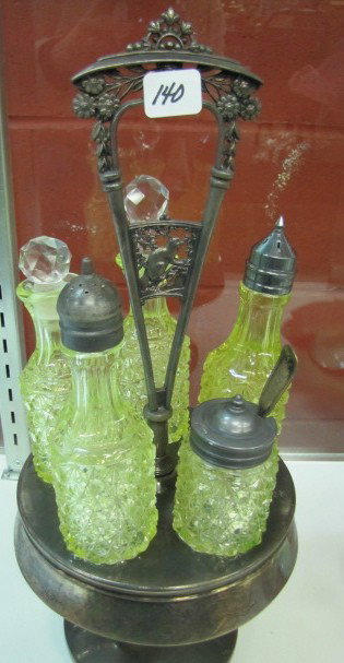 EAPG Vaseline Daisy & Button caster set in silver: EAPG Vaseline Daisy & Button caster set in silver plate holder