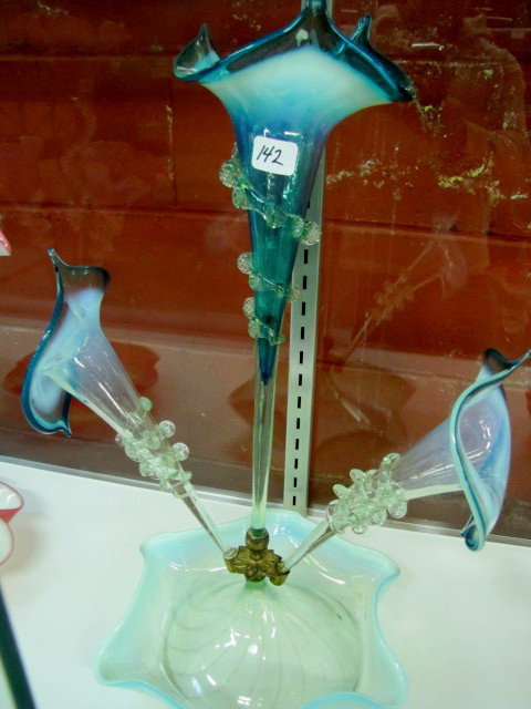 Victorian 19" 3 Lily Art glass Epergne. Green Opal: Victorian 19" 3 Lily Art glass Epergne. Green Opal w/riggeri snakes